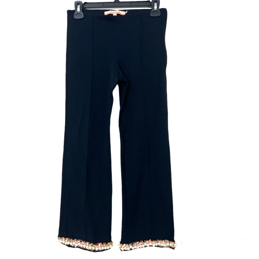 Vilagallo Pearl Embellished Spandex Cropped Trousers Navy Size 36